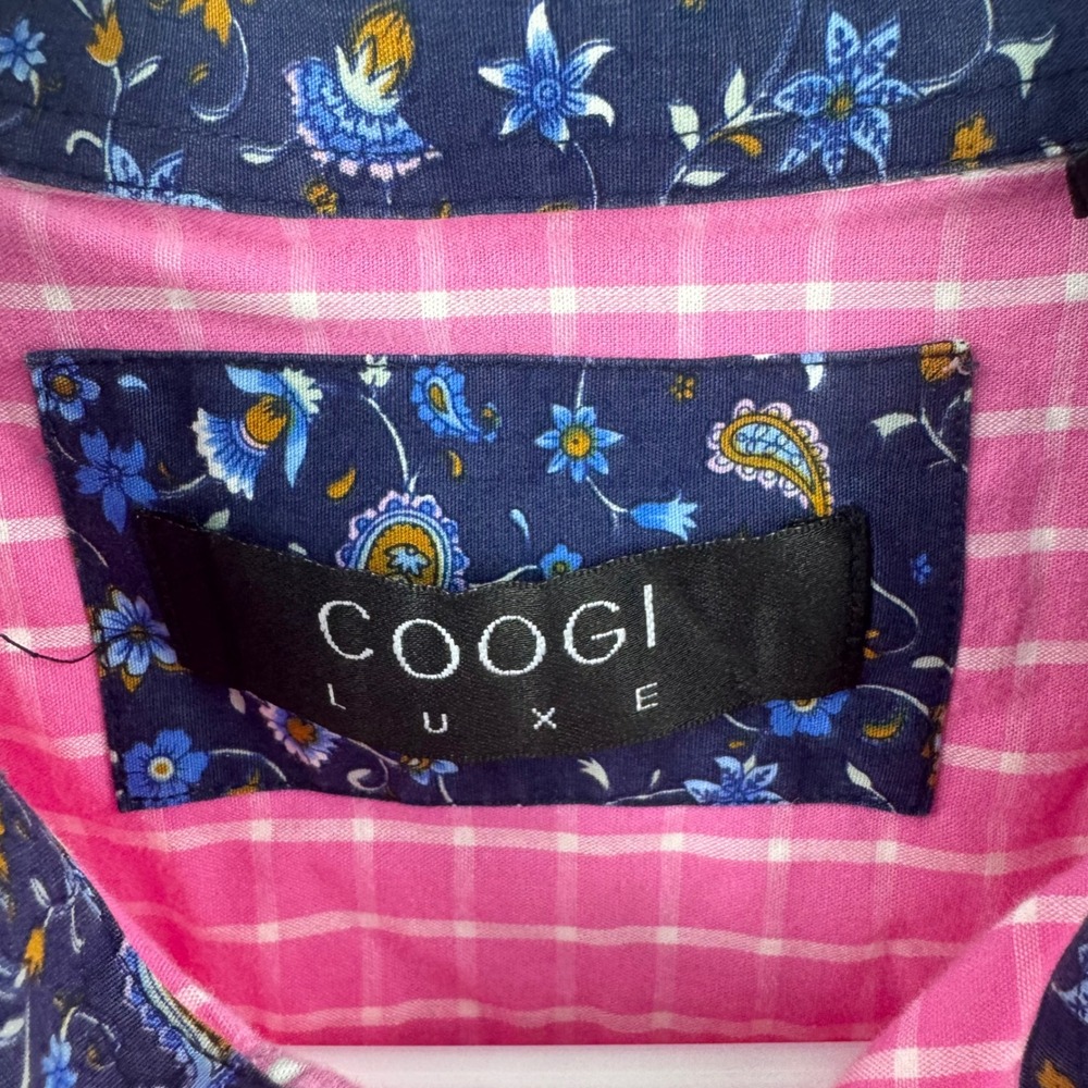 Coogi Luxe Mens Pink White Grid Button Down Shirt Floral Trim Large 16.5 17 - Picture 6 of 10
